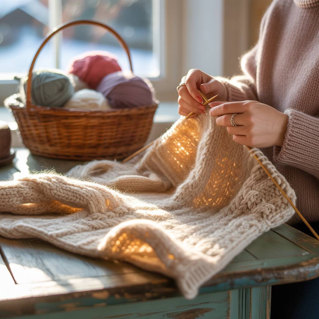 Atelier de tricot avec des pelotes colorées et des aiguilles